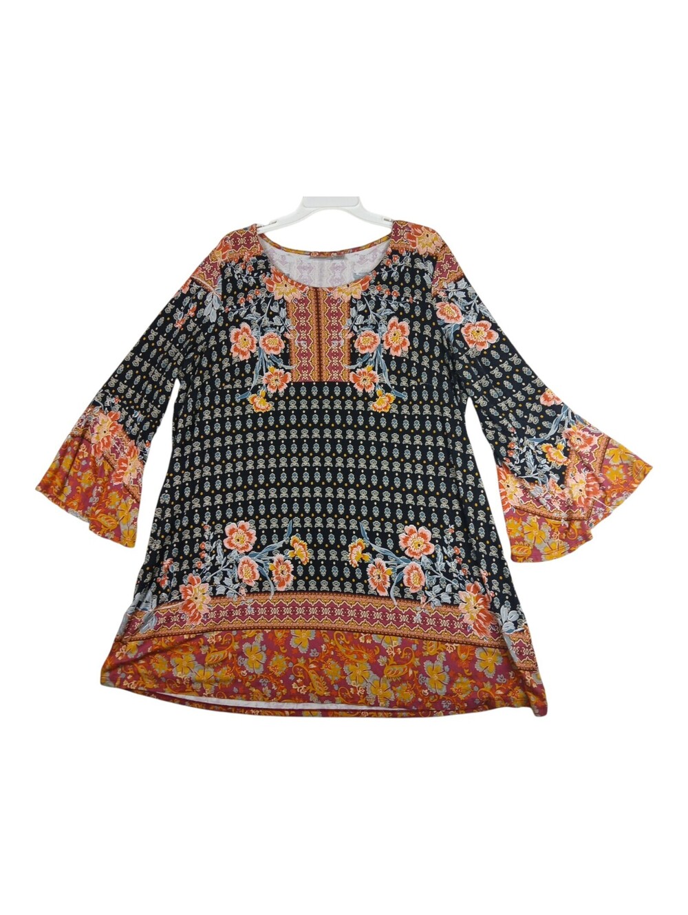 Avenue Womens Blouse Black Orange Floral Spring Bell Sleeves long Blouse Top 16